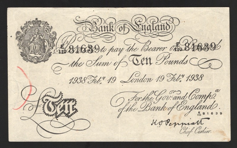 Great Britain Operation Of Barchart 10 Pounds 1938 
P# 336f; Counterfeit bankno...