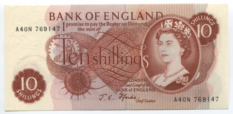 Great Britain 10 Shillings 1966 -70
P# 373c; A40N First Series; Sign J.S.Fforde...