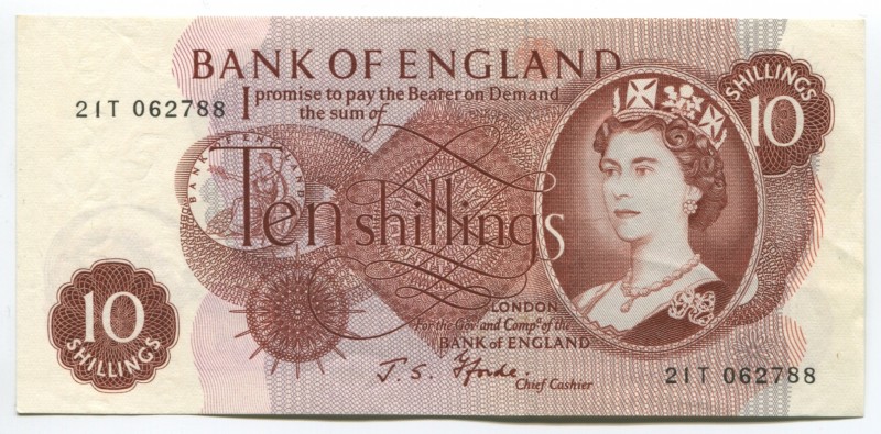 Great Britain 10 Shillings 1966 -70
P# 373c; № 21T 062788; UNC; Sign. J.S. Ffor...