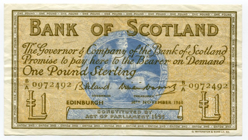 Scotland 1 Pound 1960 Bank of Scotland
P# 100c; № 0972492; XF