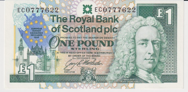 Scotland 1 Pound 1992 
P#356; European Summit Commemorative; UNC; Number EC0777...