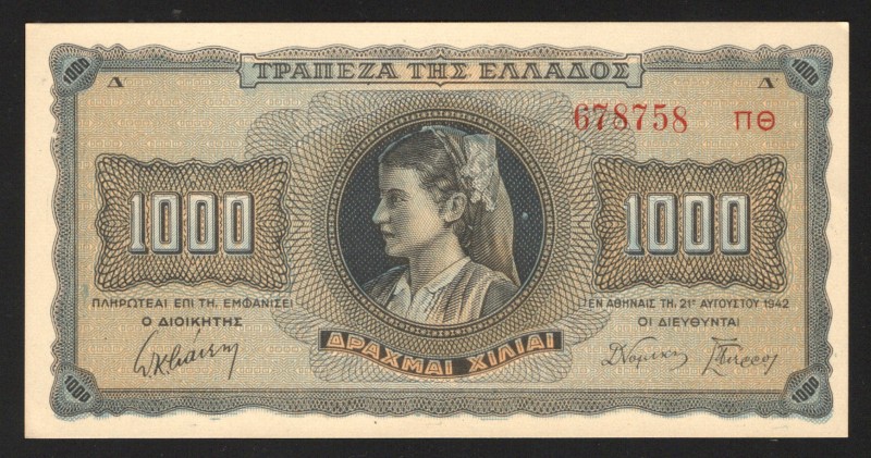 Greece 1000 Drachmai 1942 
P# 118; UNC