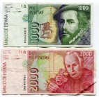 Spain Set of 2 Notes: 1000 - 2000 Pesetas 1996 
P# 163 - 164; № 9C6624820 - 5R2941964; VF