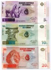 Congo Set of 3 Notes: 5 - 10 - 20 Francs 1998 
P# 86a - 87a - 88a; UNC