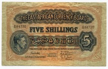 East Africa 5 Shillings 1943 
P# 28b; № 84720; F-VF
