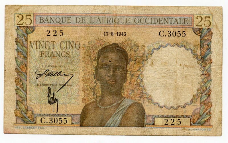 French West Africa 25 Francs 1943 
P# 38; № C3055 225; F-VF