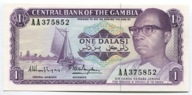 Gambia 1 Dalasi 1987 
P# 9; № AA 375852; UNC; "D. Kalraba Jawara"