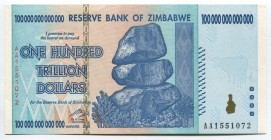 Zimbabwe 100 Trillion Dollars 2008 
P# 91; № AA 1551072; UNC; Serie AA; Largest Nominal