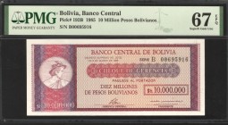 Bolivia 10 Million Pesos 1985 PMG 67 Rare
P# 192B; UNC