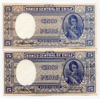 Chile Set of 2 Notes of 5 Pesos 1958 
P# 119; № 303791 - 072167; UNC