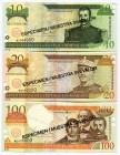Dominican Republic Set of 3 Notes: 10 - 20 - 100 Pesos Oro 2001 Specimen
P# 168s1 - 169s1 - 171s1; UNC