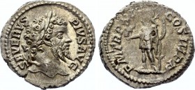 Roman Empire Denarius 204 AD
Denarius Obv: SEVERVSPIVSAVG - Laureate head right. Rev: PMTRPXIIICOSIIPP - Virtus standing left, holding Victory and sp...