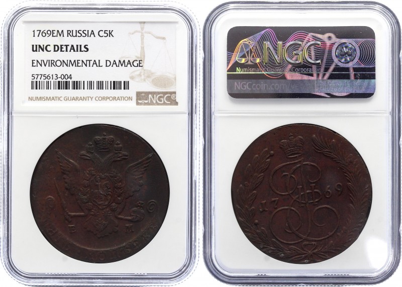 Russia 5 Kopeks 1769 EM NGC UNC R!
Bit# 616 (R); Eagle of 1763-1767; UNC Enviro...