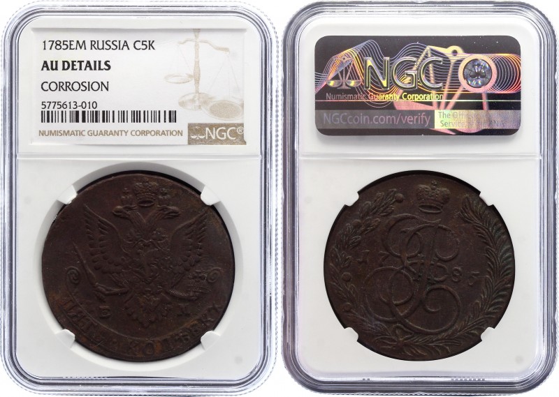 Russia 5 Kopeks 1785 EM NGC AU
Bit# 636; AU Details Corrosion