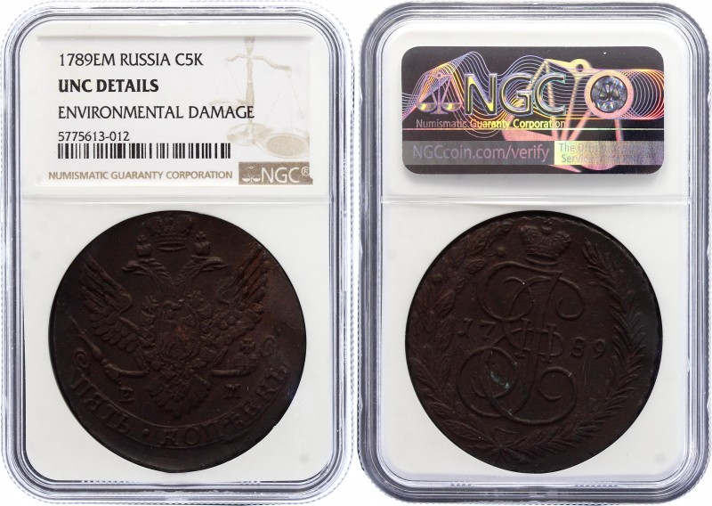 Russia 5 Kopeks 1789 EM NGC UNC
Bit# 643; UNC Details Env. Damage