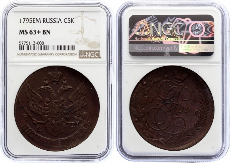 Russia 5 Kopeks 1795 EM NGC MS 63+ BN
Bit# 647