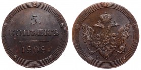 Russia 5 Kopeks 1808 KM RRare
Bit# 423(R1); Copper 45.43g 44mm; 4 Roubles by Petrov, 3 Roubles by Ilyin; Suzun Mint; UNC