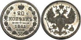 Russia 20 Kopeks 1861 СПБ ФБ
Bit# 173; Silver; 4,04 g; AU-UNC-; stamp gloss