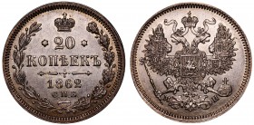 Russia 20 Kopeks 1862 СПБ МИ
Bit# 175; Silver; Luster; UNC