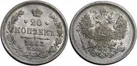 Russia 20 Kopeks 1863 СПБ АБ
Bit# 176; Silver; 4,02 g; AU+-; gloss