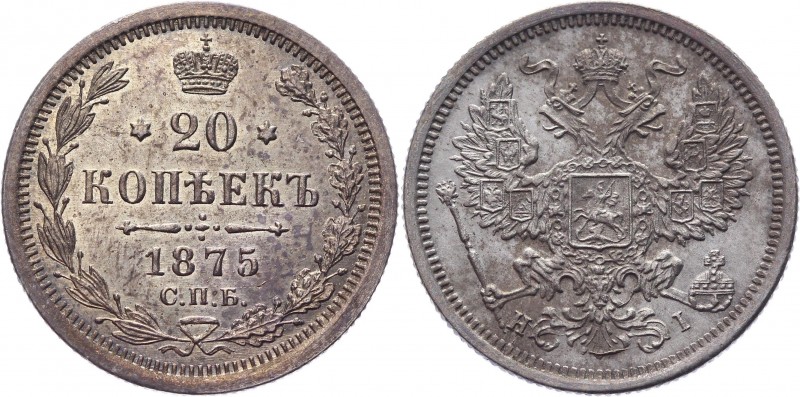 Russia 20 Kopeks 1875 СПБ HI
Bit# 226; Silver 3,55 g.; One side Prooflike and o...