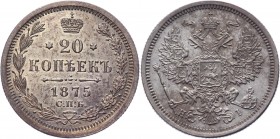 Russia 20 Kopeks 1875 СПБ HI
Bit# 226; Silver 3,55 g.; One side Prooflike and one side MS