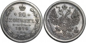 Russia 20 Kopeks 1876 СПБ HI
Bit# 227; Silver; 3,51 g; UNC-; excellent collector's item