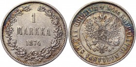 Russia - Finland 1 Markka 1874 S
Bit# 631; Silver 5,1g.; XF