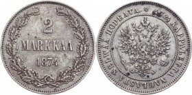 Russia - Finland 2 Markkaa 1874 S
Bit# 623; Conros# 483/6; Silver 10,34g.; Edge - inscription