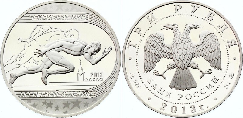 Russia 3 Roubles 2013
Y# 1458; Silver Proof; 2013 World Championships in Athlet...