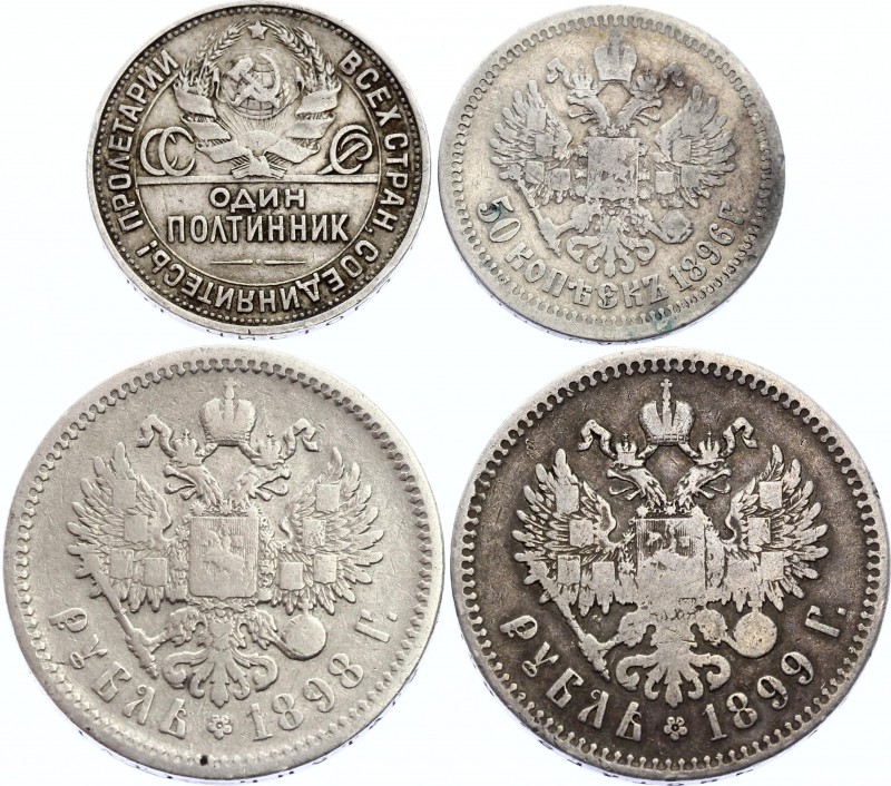 Russia Lot of 4 Silver Coins: 50 Kopeks - 50 Kopeks - 1 Rouble - 1 Rouble 1896 -...