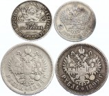 Russia Lot of 4 Silver Coins: 50 Kopeks - 50 Kopeks - 1 Rouble - 1 Rouble 1896 -1924
Silver; F-VF