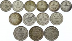 Russia Lot of 13 Silver Coins 1903 - 1916
10 15 & 20 Kopeks 1903 - 1916; Silver