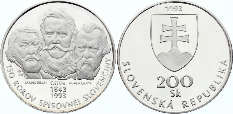 Slovakia 200 Korun 1993 PROOF
KM# 19; Silver Proof; 150 Years Slovak Language; ...