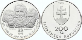 Slovakia 200 Korun 1993 PROOF
KM# 19; Silver Proof; 150 Years Slovak Language; Mintage 2000 Pcs Only!