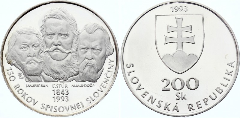 Slovakia 200 Korun 1993 PROOF
KM# 19; Silver Proof; 150 Years Slovak Language; ...