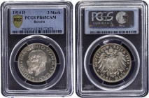 Germany - Empire Bavaria 3 Mark 1914 D PROOF PCGS PR65CAM
KM# 1005; J. 52; Silver; Ludwig III. Deutsches Kaiserreich Bayern 3 Mark 1914 D PP.