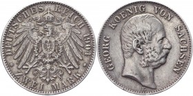 Germany - Empire Saxony-Albertine 2 Mark 1904 
Jaeger# 132; Silver, Mintage 150000; Deutsches Kaiserreich Sachsen Saxony Albertine 2 Mark 1904