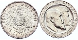 Germany - Empire Württemberg 3 Mark 1911 F
KM# 636; J. 177b; Wilhelm II; Silver Wedding Anniversary; Silver; UNC