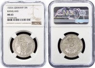 Germany - Weimar Republic 3 Reichsmark 1925 A NGC MS63 
KM# 46; 1000th Year of the Rhineland; Silver; UNC