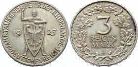 Germany - Weimar Republic 3 Reichsmark 1925 J
KM# 46; Silver; Rheinland; Mint Hamburg; XF+