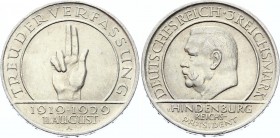 Germany - Weimar Republic 3 Reichsmark 1929 A
J. 340; KM# 63; President Paul von Hindenburg; 10th Anniversary - Weimar Constitution; Silver; AUNC