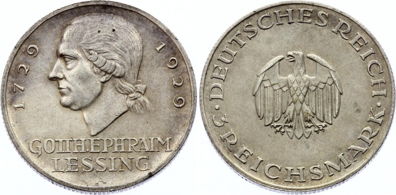 Germany - Weimar Republic 3 Reichsmark 1929 A
KM# 60; Silver; Lessing; Mint Ber...