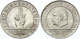 Germany - Weimar Republic 3 Reichsmark 1929 D
J. 340; KM# 63; President Paul von Hindenburg; 10th Anniversary - Weimar Constitution; Silver; XF