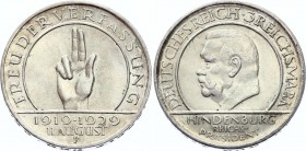 Germany - Weimar Republic 3 Reichsmark 1929 F
J. 340; KM# 63; President Paul von Hindenburg; 10th Anniversary - Weimar Constitution; Silver; XF-AUNC