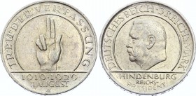 Germany - Weimar Republic 3 Reichsmark 1929 G
J. 340; KM# 63; President Paul von Hindenburg; 10th Anniversary - Weimar Constitution; Silver; XF