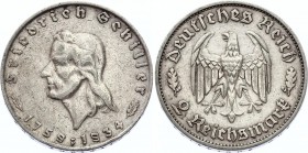 Germany - Third Reich 2 Reichsmark 1934 F
KM# 84; 175th Anniversary - Birth of Schiller; Silver; VF