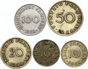 Saarland Set of 5 Coins: 10 - 10 - 20 - 50 - 100 Franken 1954-55 German Republic State
KM# 1 - 2 - 3 - 4; VF-XF