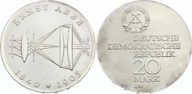 Germany - DDR 20 Mark 1980 
KM# 78; 75th Anniversary - Death of Ernst Abbe, Physicist; Silver; UNC