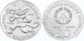 Germany - DDR 20 Mark 1986 A
KM# 108; 200th Anniversary - Birth of Jacob and Wilhelm Grimm, Writers; “Puss ‘n Boots”; Silver; UNC